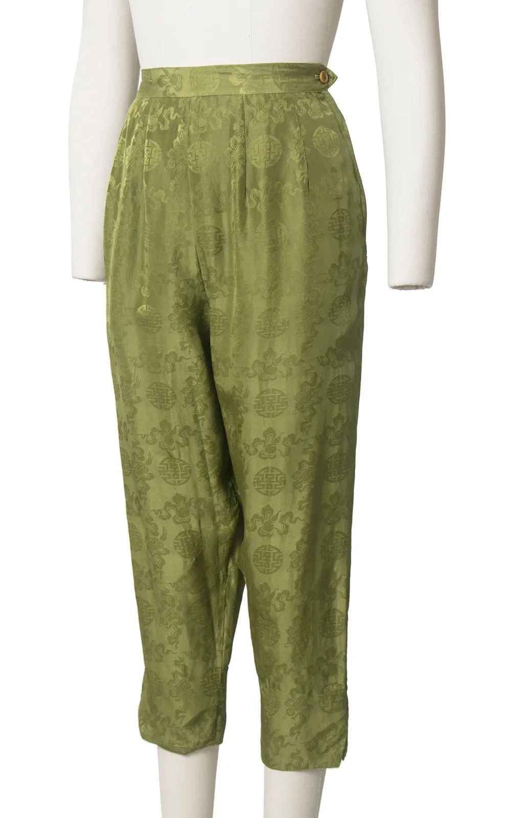 1950s 1960s Silk Olive Green Asian Jacquard High Waisted Capris | small