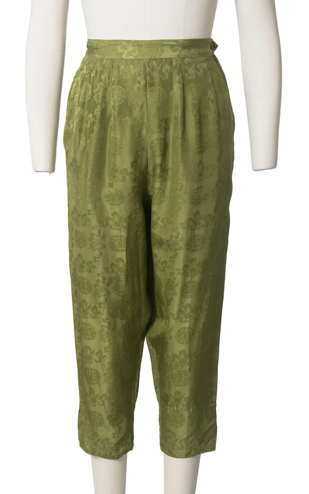 1950s 1960s Silk Olive Green Asian Jacquard High Waisted Capris | small