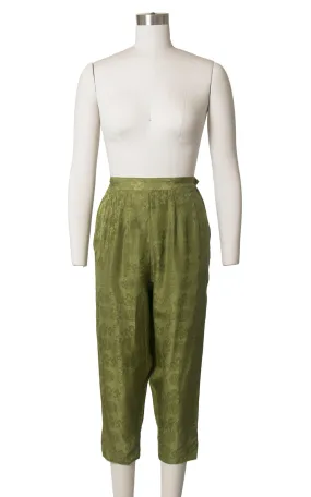 1950s 1960s Silk Olive Green Asian Jacquard High Waisted Capris | small