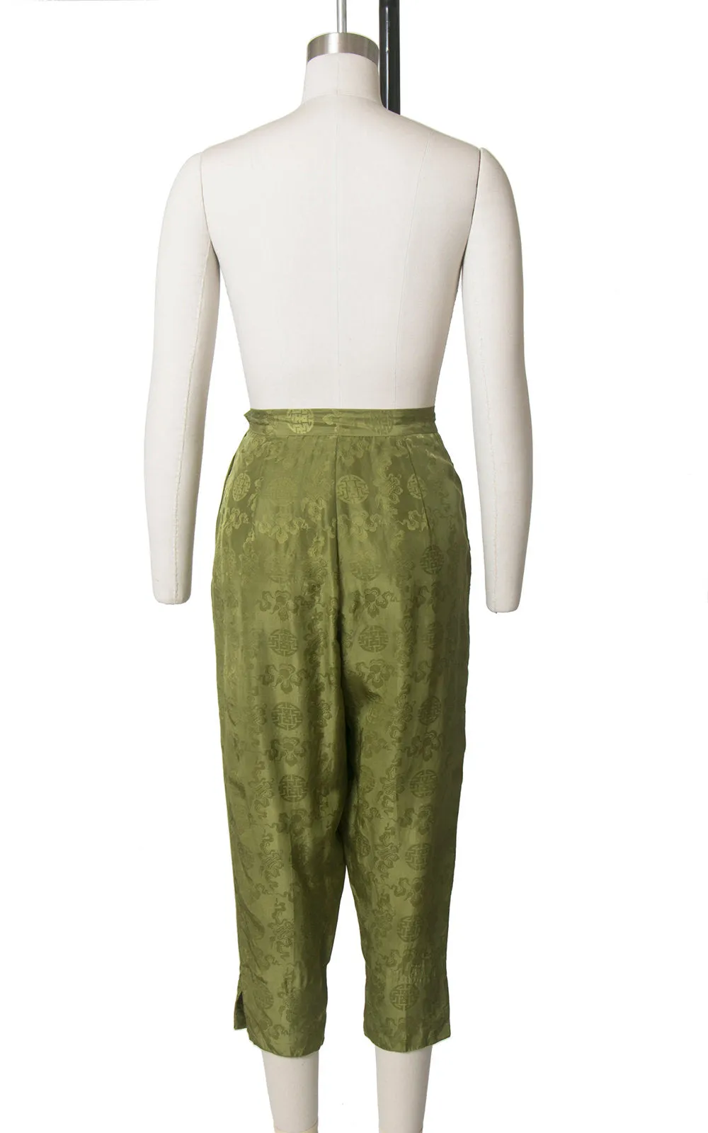 1950s 1960s Silk Olive Green Asian Jacquard High Waisted Capris | small