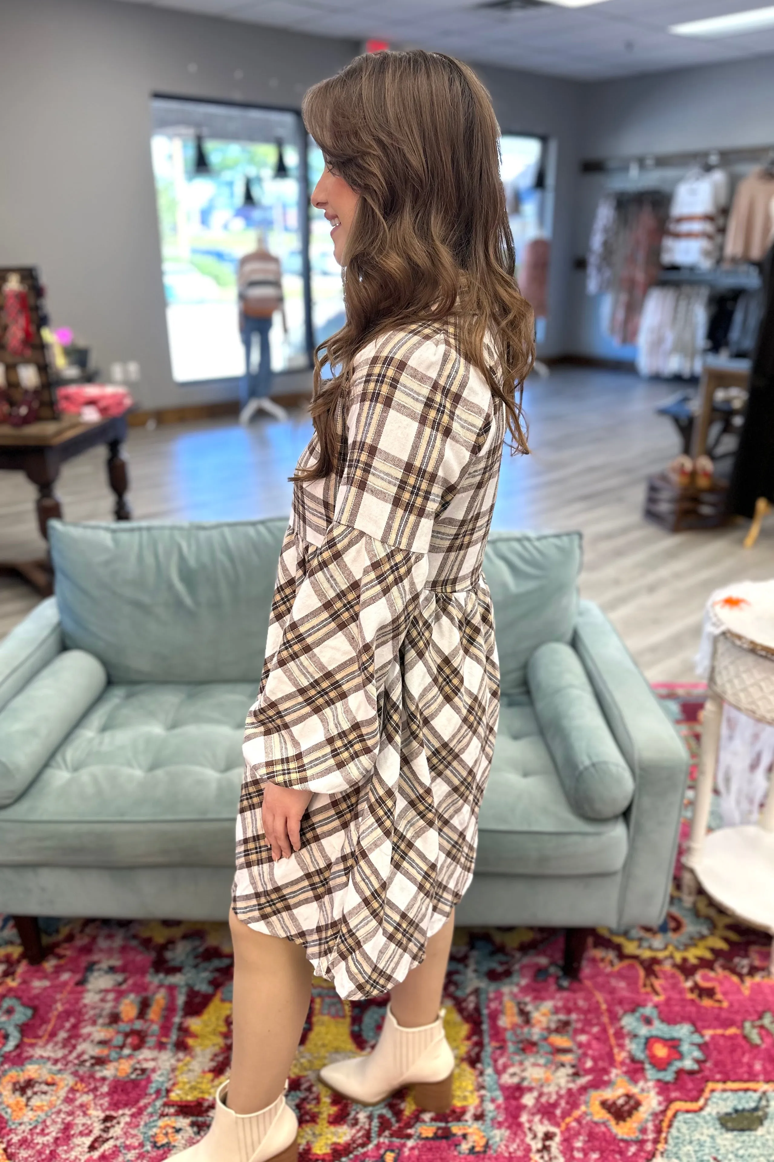 ALANA White Plaid Bubble Sleeve Dress