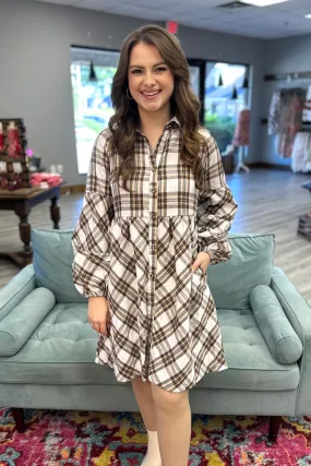 ALANA White Plaid Bubble Sleeve Dress