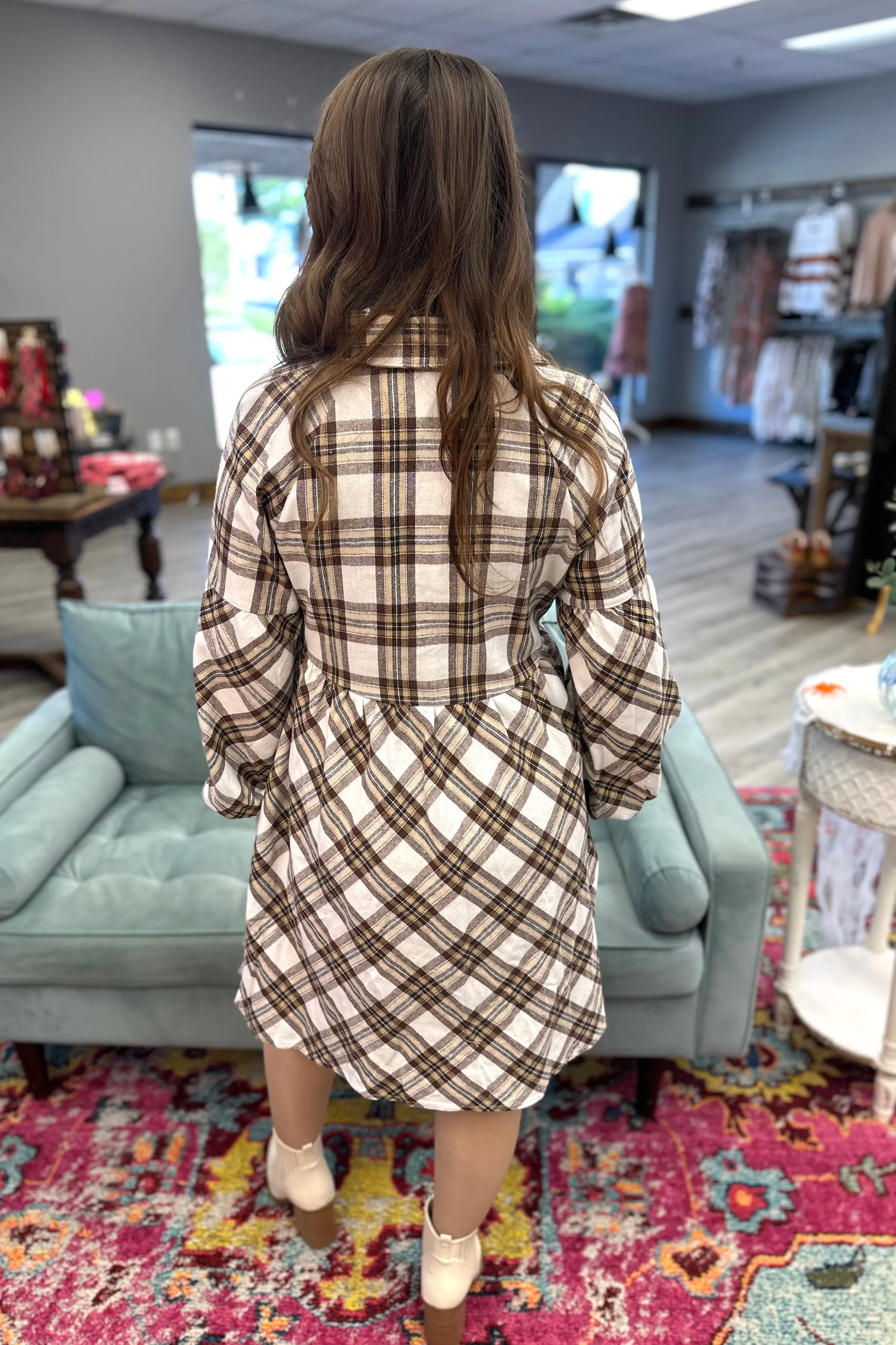 ALANA White Plaid Bubble Sleeve Dress