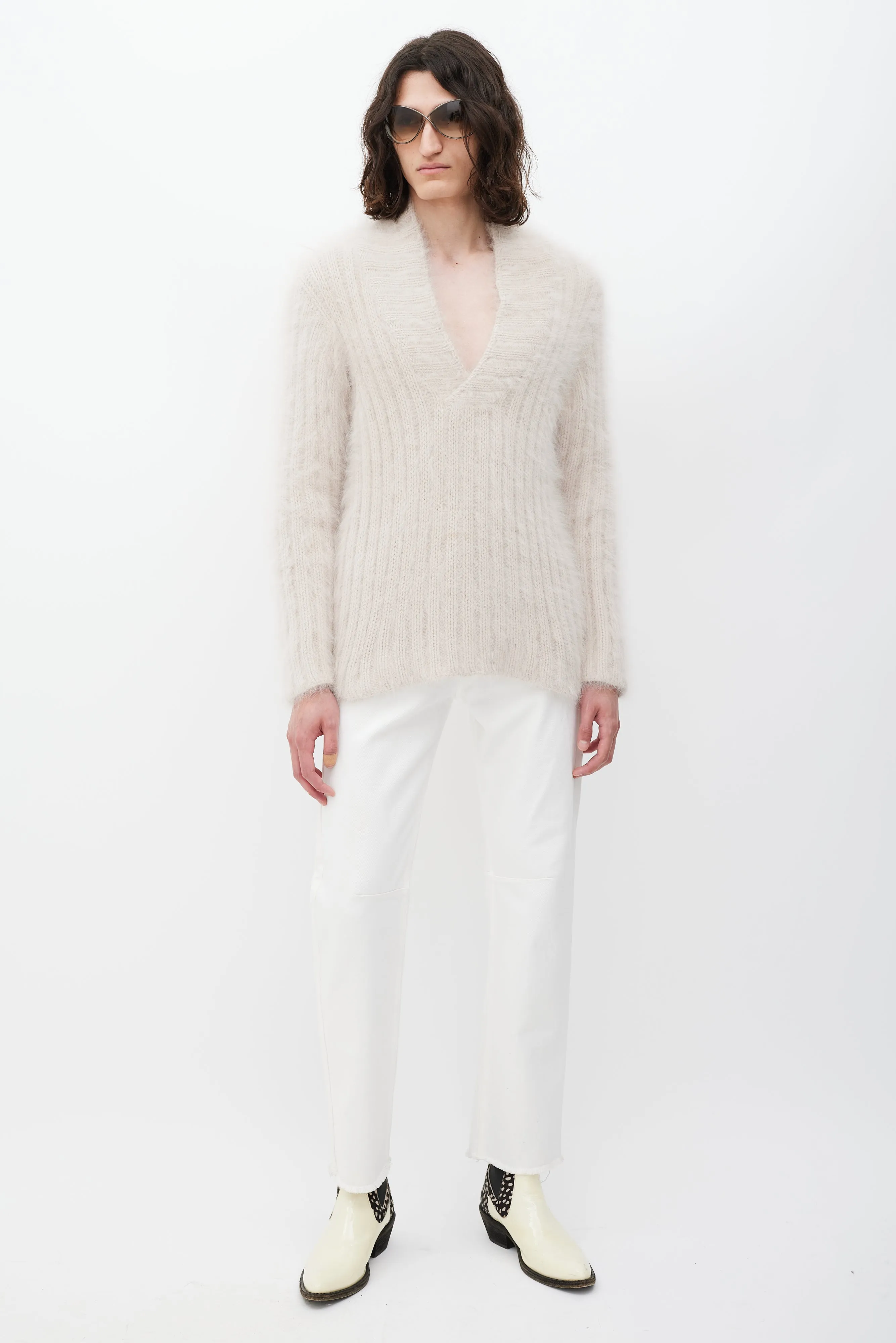Beige V-Neck Mohair Ribbed Knit Sweater