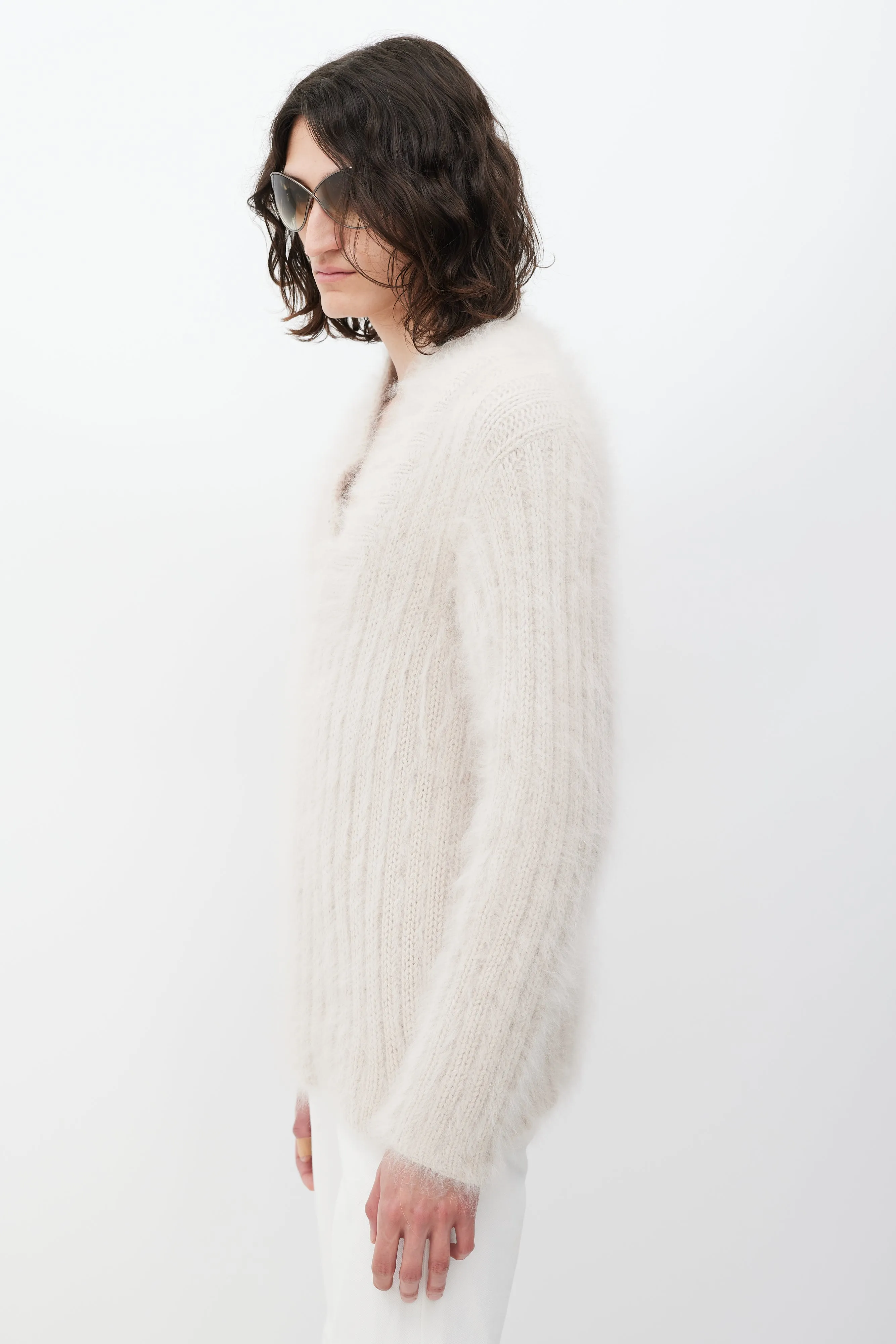 Beige V-Neck Mohair Ribbed Knit Sweater