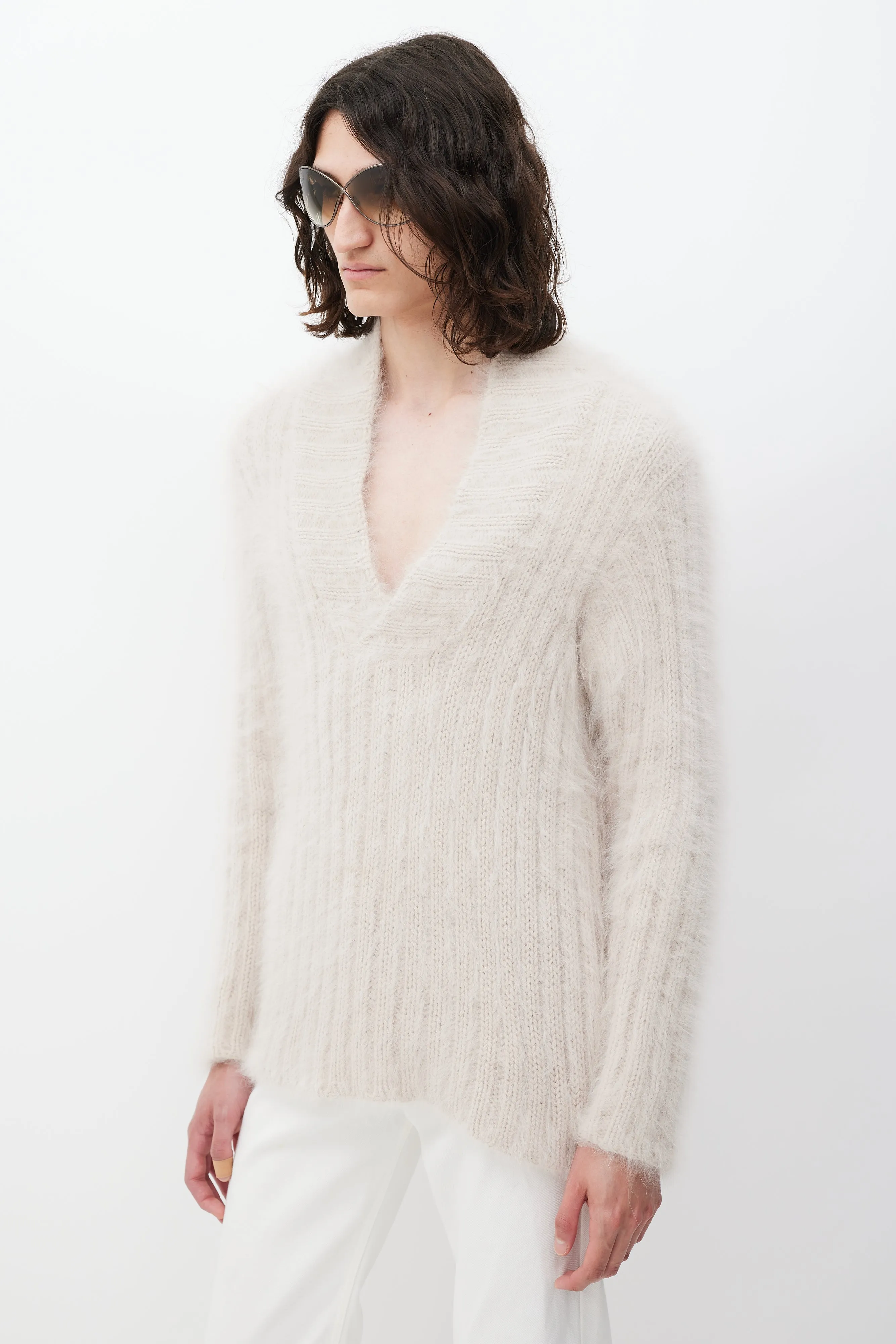 Beige V-Neck Mohair Ribbed Knit Sweater