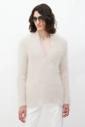 Beige V-Neck Mohair Ribbed Knit Sweater