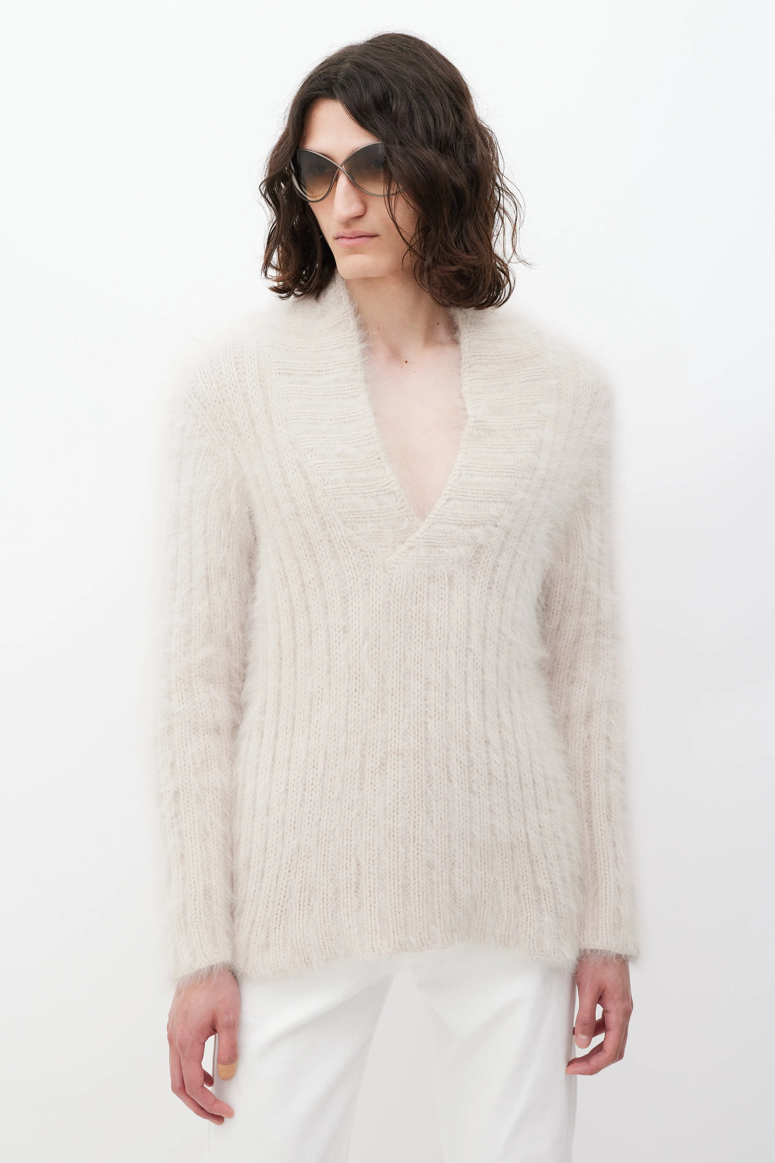 Beige V-Neck Mohair Ribbed Knit Sweater