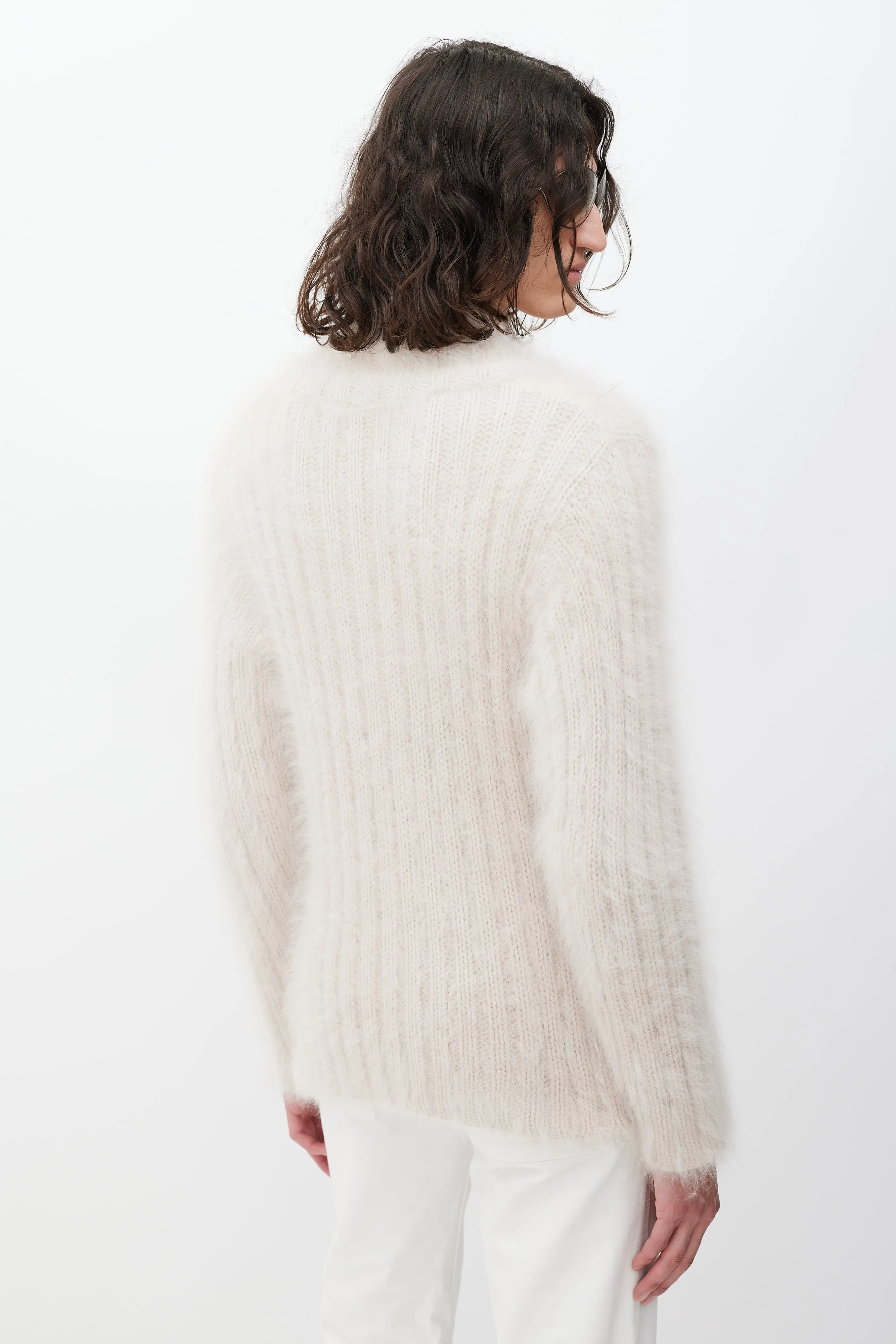 Beige V-Neck Mohair Ribbed Knit Sweater
