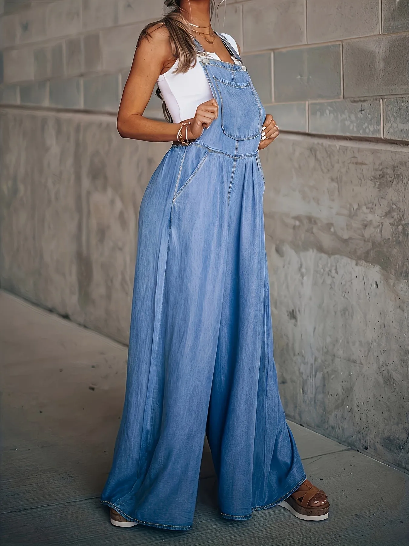 Blue Denim Wide Leg Overall Romper with Adjustable Straps