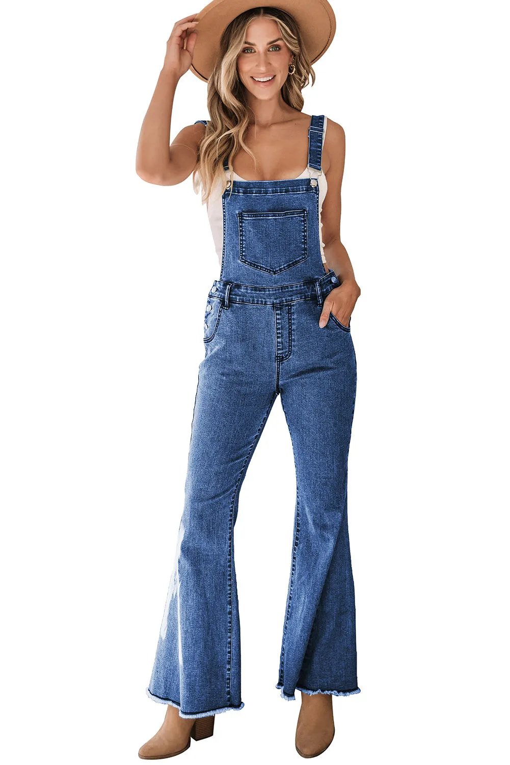 Blue Denim Wide Leg Overall Romper with Adjustable Straps