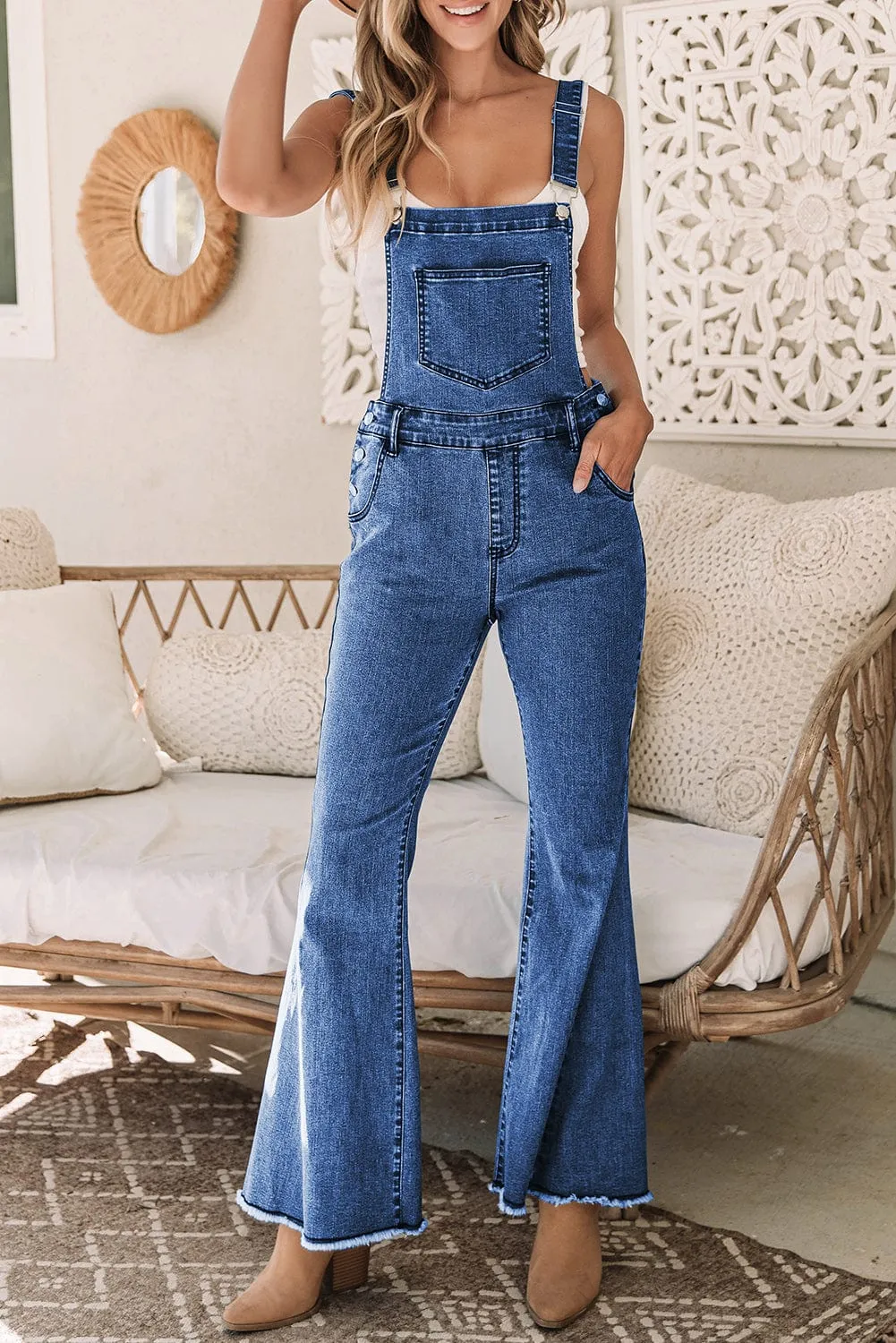 Blue Denim Wide Leg Overall Romper with Adjustable Straps
