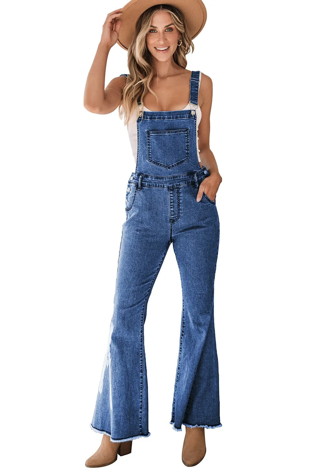 Blue Denim Wide Leg Overall Romper with Adjustable Straps