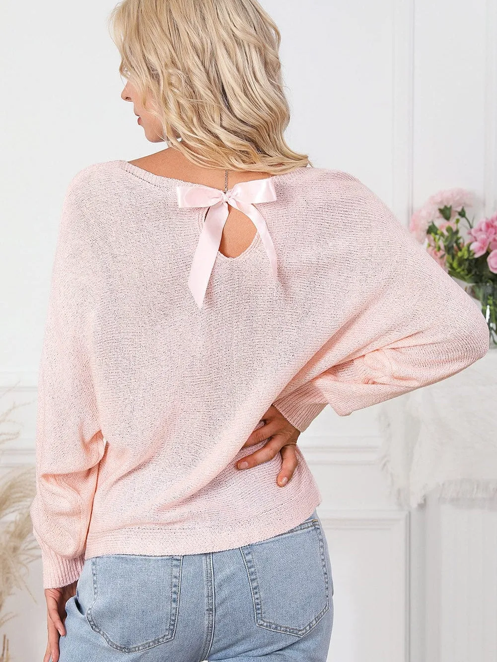 Blush Pink Knotted Bow Batwing Sweater