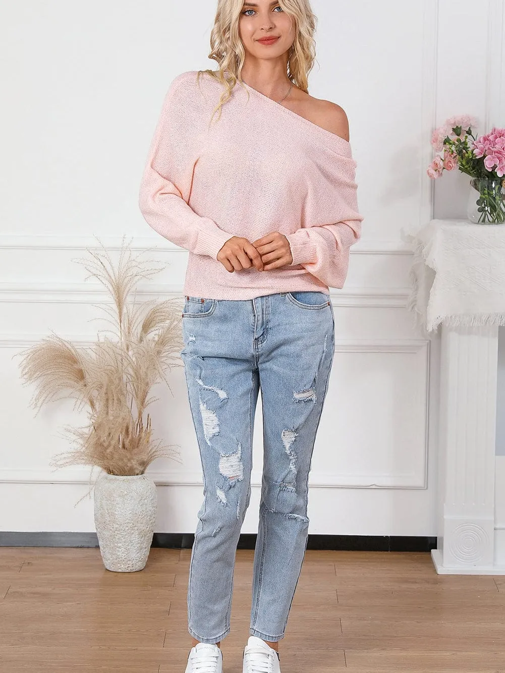 Blush Pink Knotted Bow Batwing Sweater