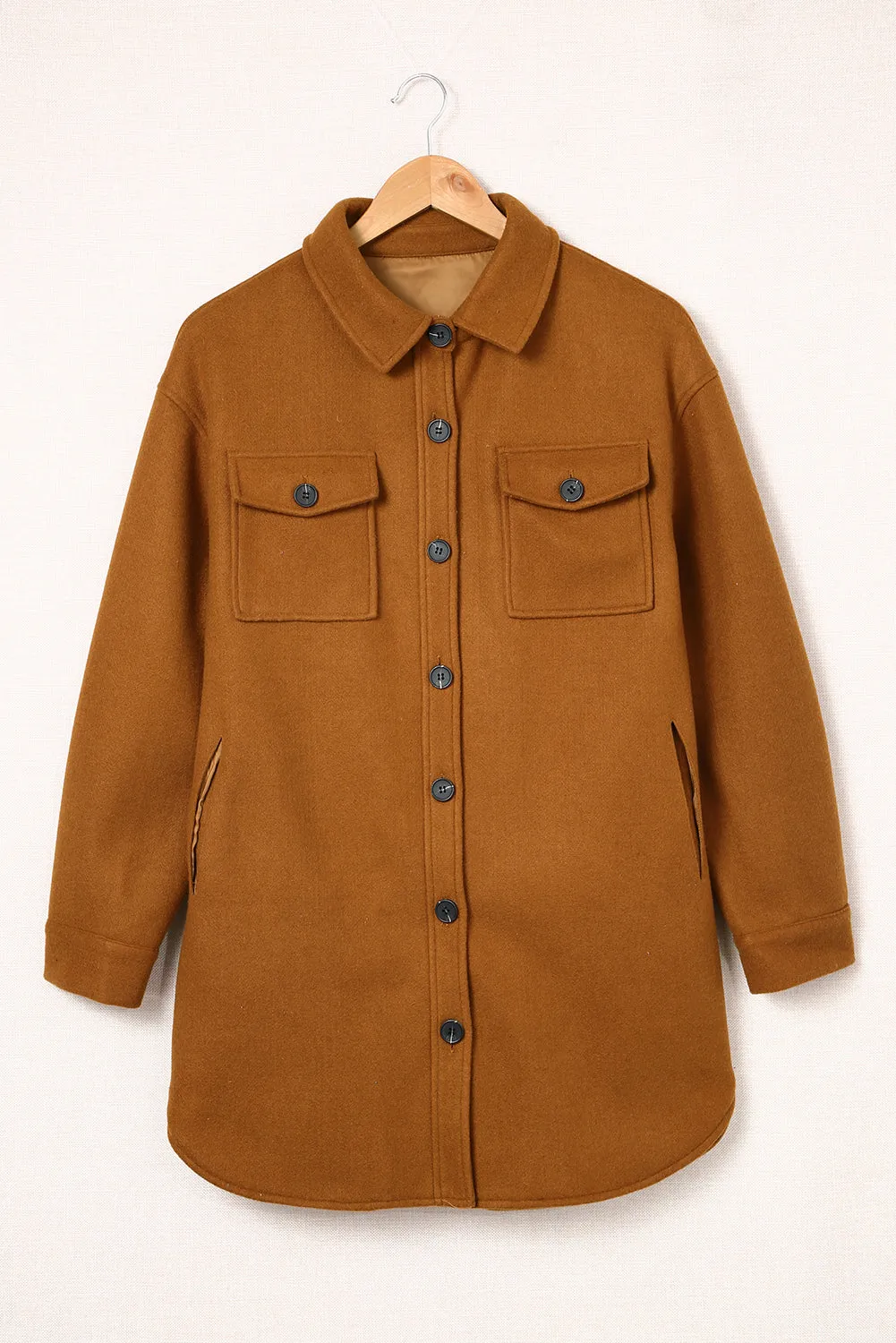 Brown Long Sleeve Pockets Buttoned Shirt Jacket