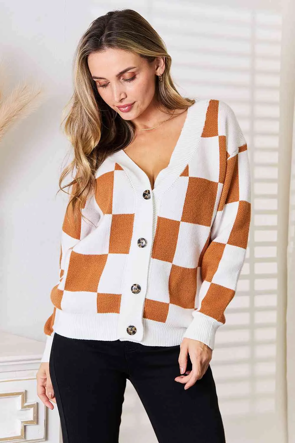 Caramel Checkered Cardigan