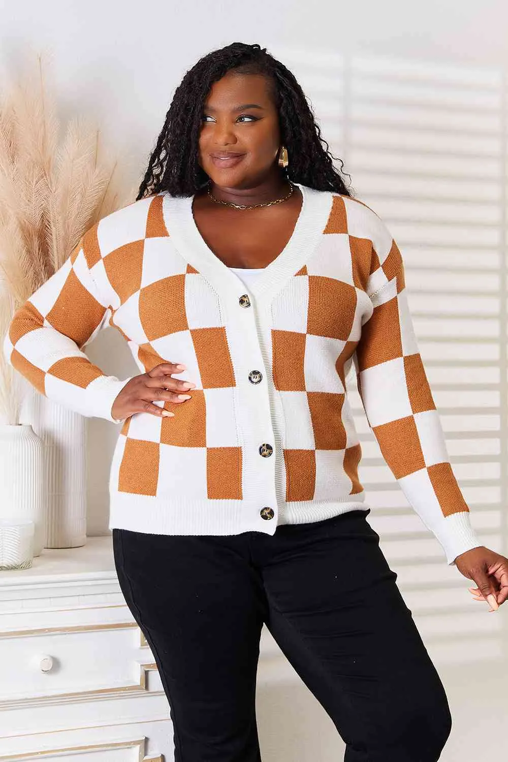 Caramel Checkered Cardigan