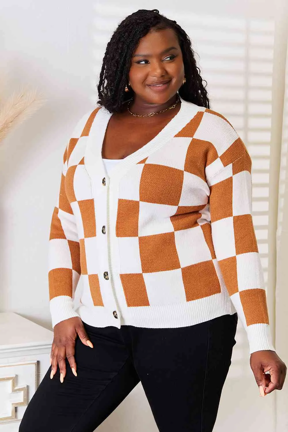 Caramel Checkered Cardigan