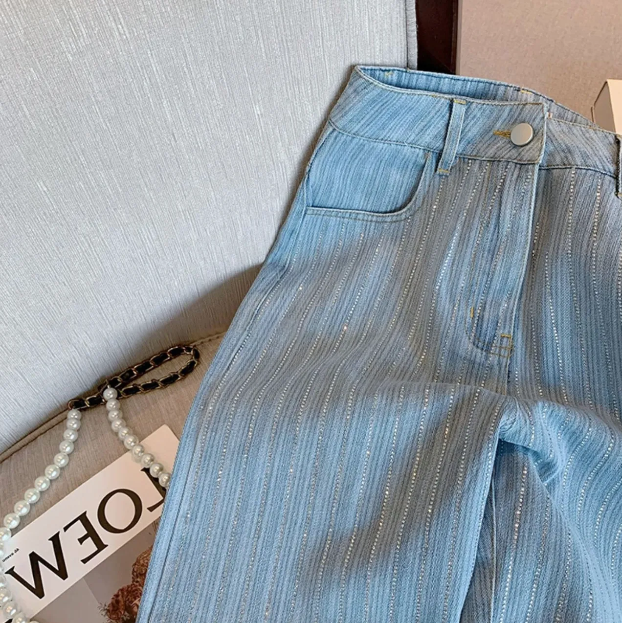 Chic Sequined Striped Straight Jeans