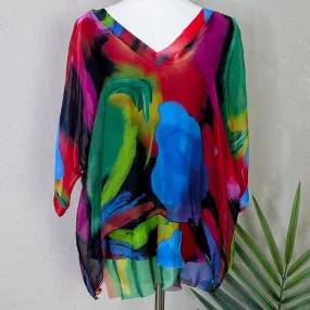 Colour swirl digital print silk mix V-neck and V-back top (S-M)