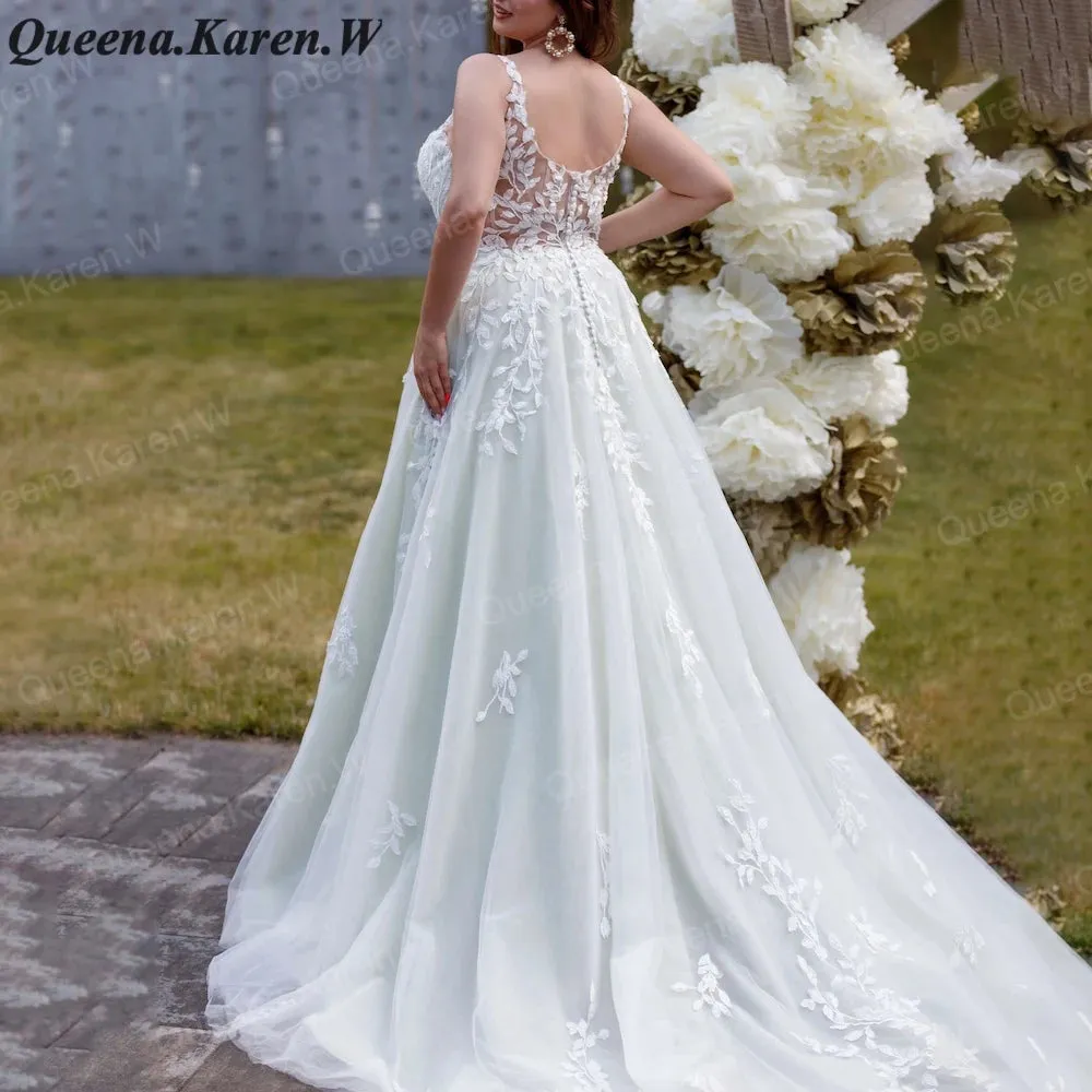 Elegant lace wedding dress V neck A line bride dress robe de mariee A line Wedding Bridal Gown
