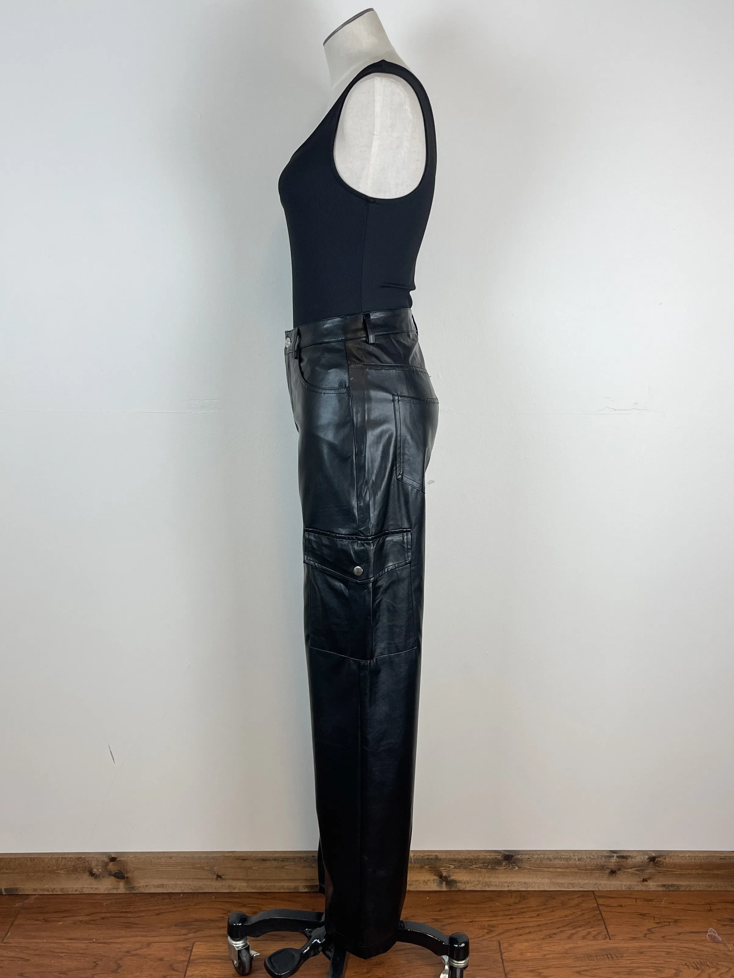 Faux Leather Cargo Pants in Black