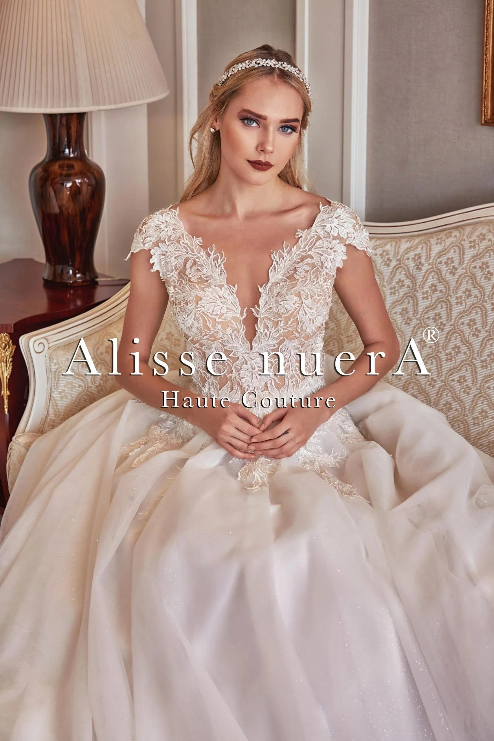 Floral Bust Cap Sleeve Destination Wedding Dress with Dream Tulle Train