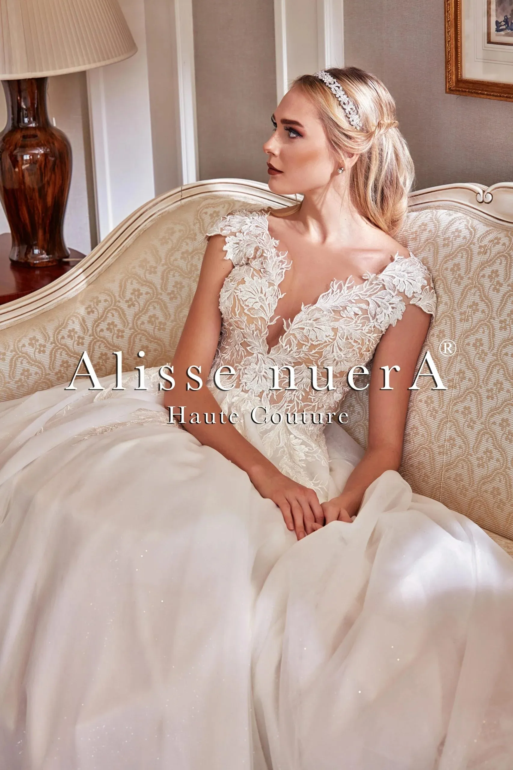 Floral Bust Cap Sleeve Destination Wedding Dress with Dream Tulle Train