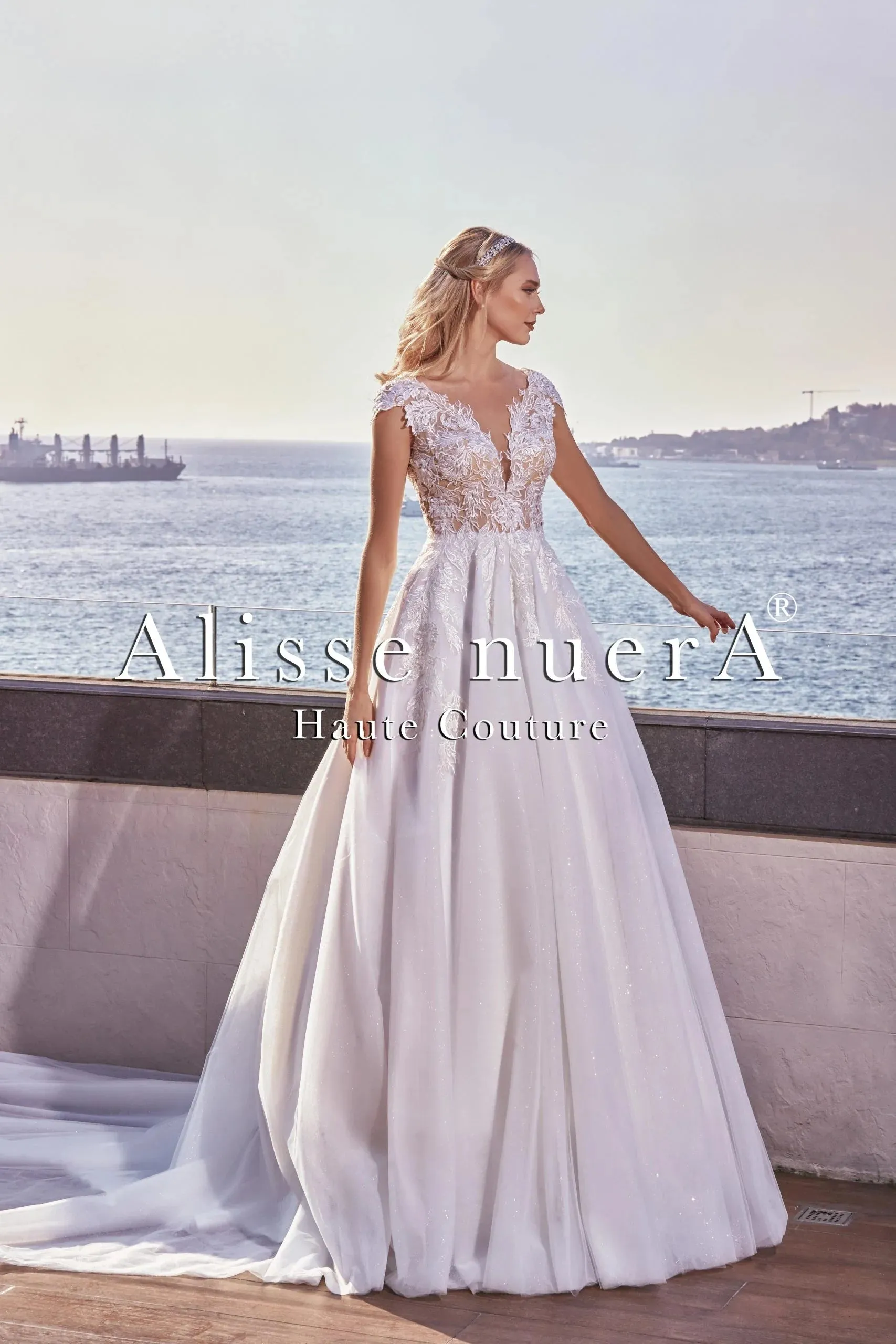 Floral Bust Cap Sleeve Destination Wedding Dress with Dream Tulle Train