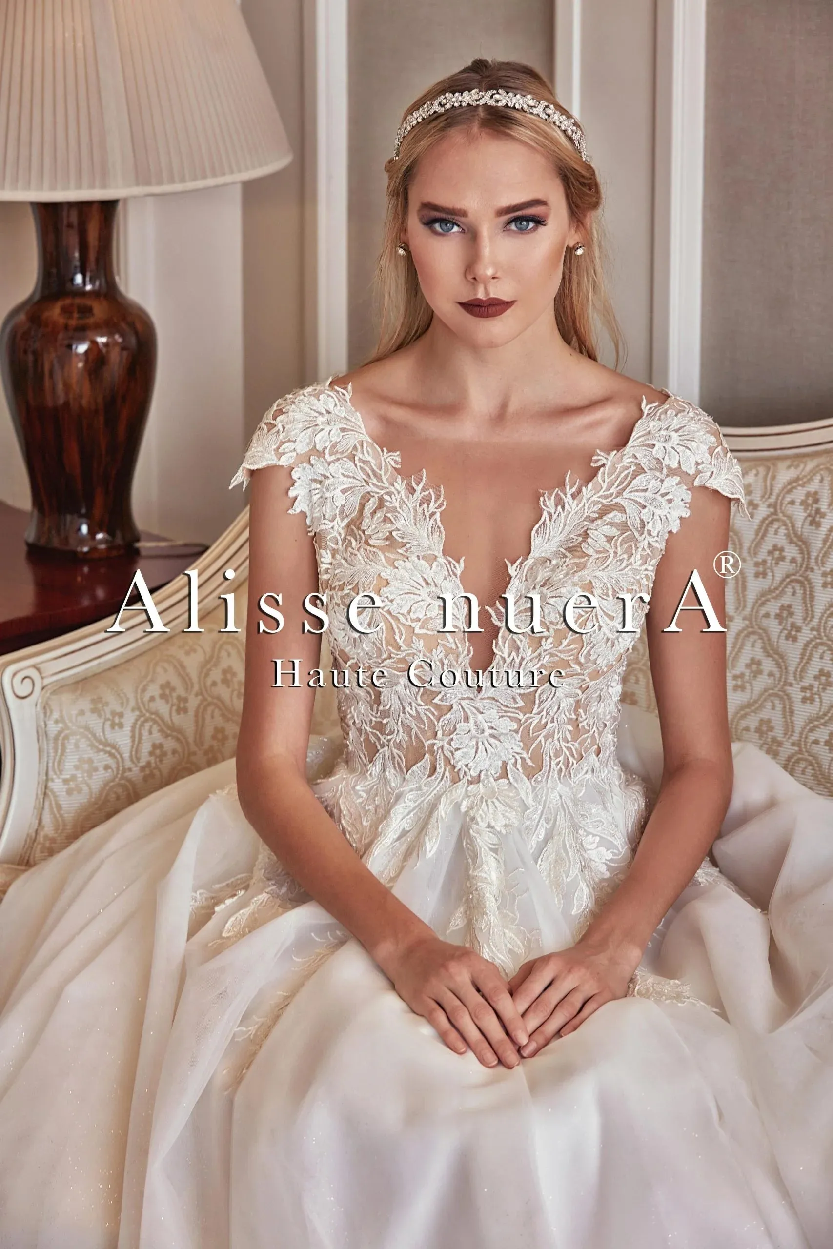 Floral Bust Cap Sleeve Destination Wedding Dress with Dream Tulle Train