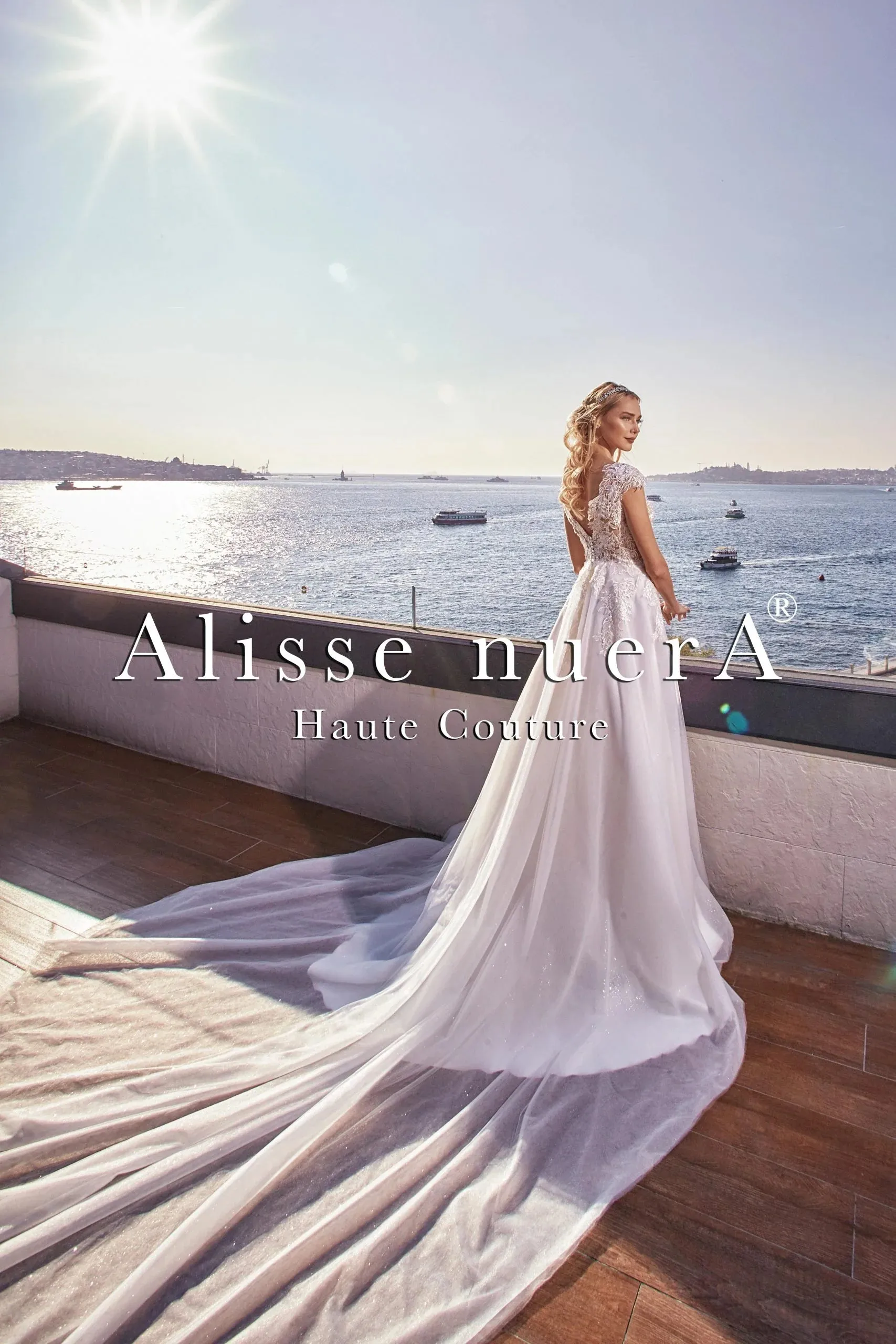 Floral Bust Cap Sleeve Destination Wedding Dress with Dream Tulle Train