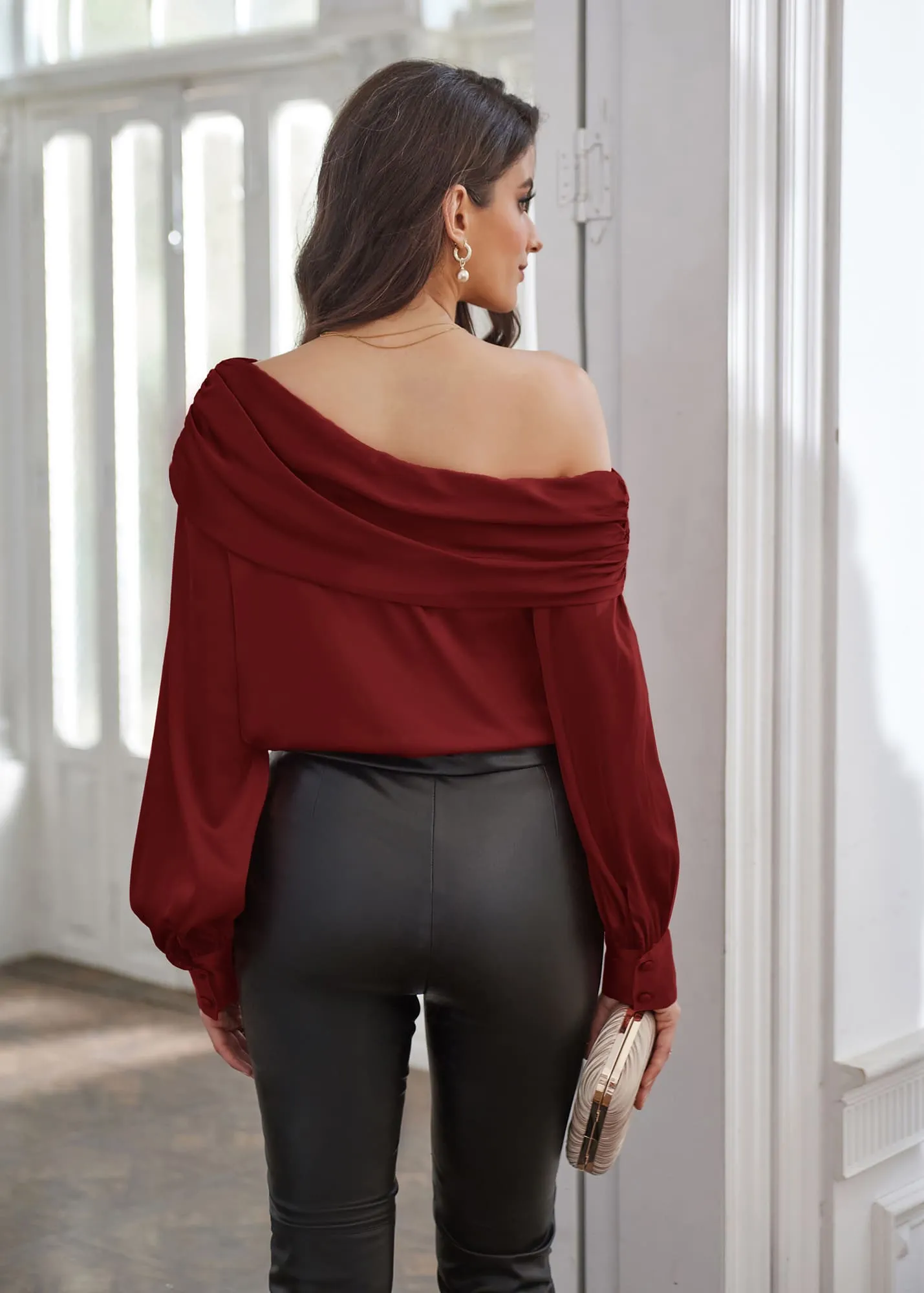 GK Women Off Shoulder Tops Comfy Casual Long Sleeve Oblique Neck Pullover Tops