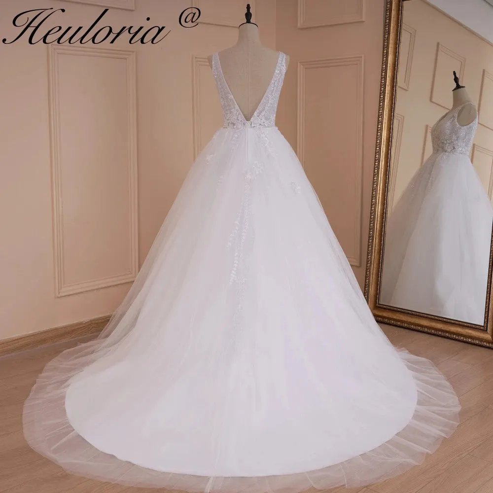 HEULORIA A-line V-Neck Sweep Train Lace Tulle Wedding Dress With Sequins Beading