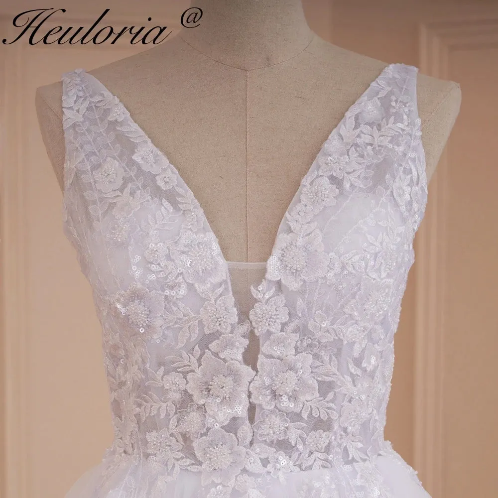 HEULORIA A-line V-Neck Sweep Train Lace Tulle Wedding Dress With Sequins Beading