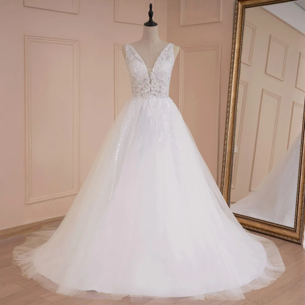 HEULORIA A-line V-Neck Sweep Train Lace Tulle Wedding Dress With Sequins Beading