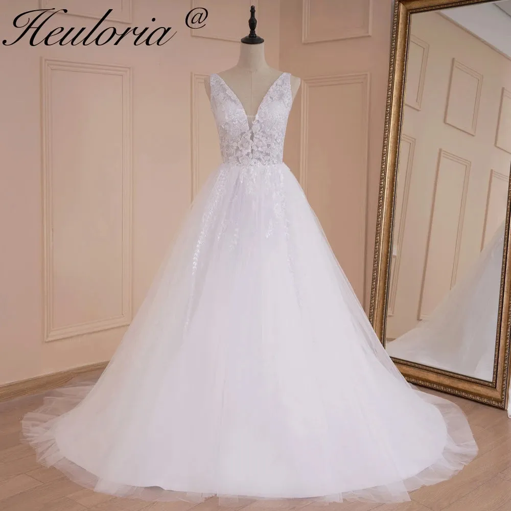 HEULORIA A-line V-Neck Sweep Train Lace Tulle Wedding Dress With Sequins Beading