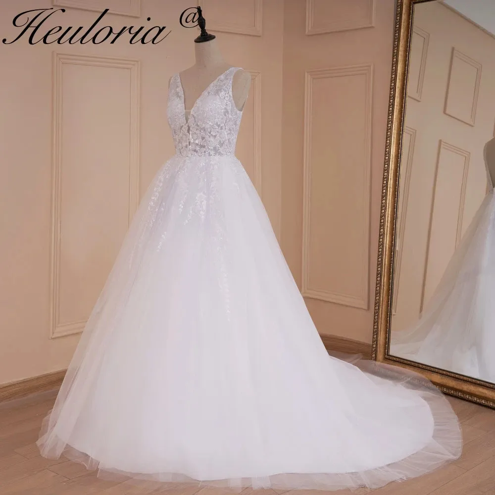 HEULORIA A-line V-Neck Sweep Train Lace Tulle Wedding Dress With Sequins Beading