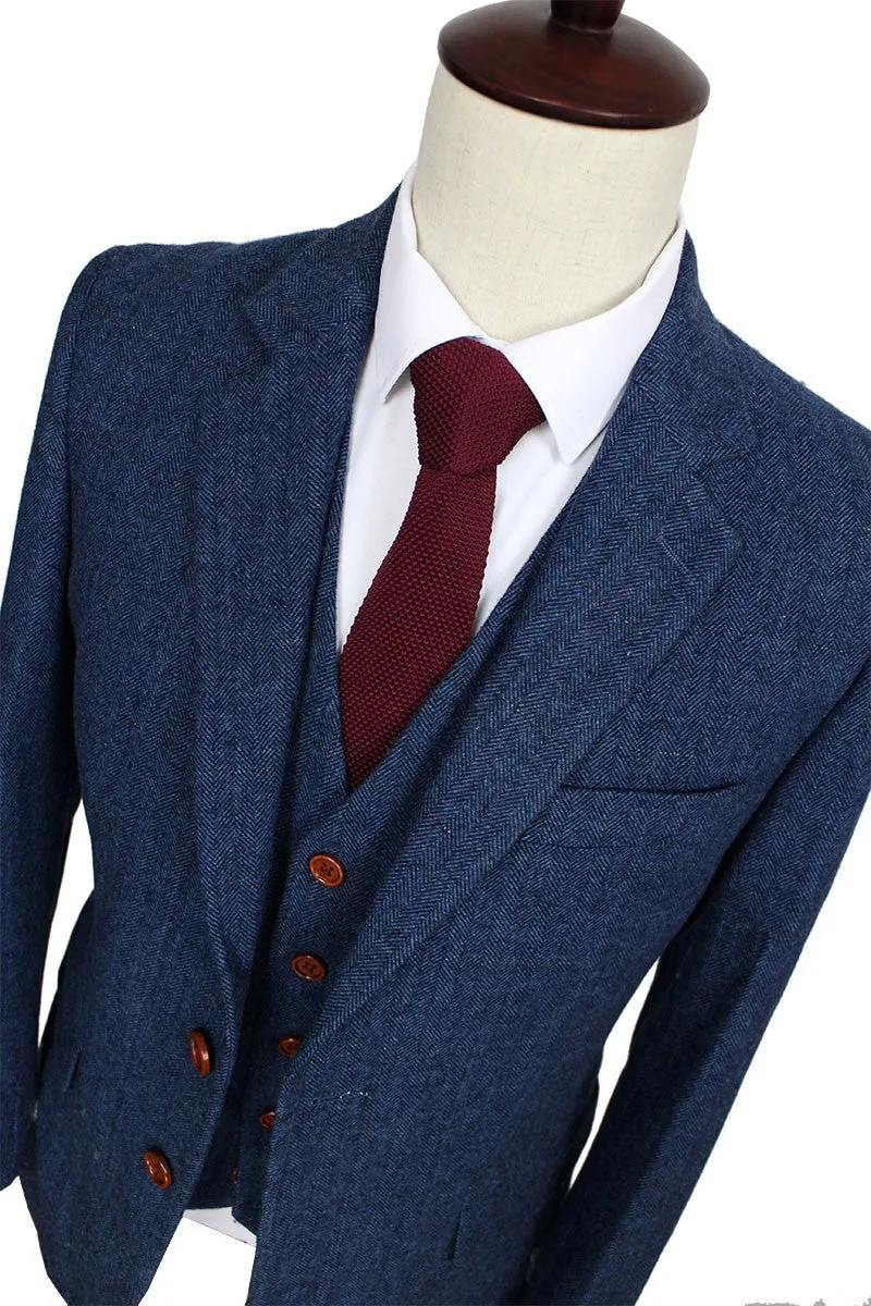 High Quality notch lapel Wool Blue gentleman style custom made Men suits Blazer suits for men 3 piece (Jacket Pants Vest)