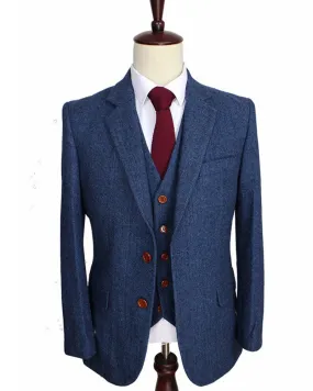 High Quality notch lapel Wool Blue gentleman style custom made Men suits Blazer suits for men 3 piece (Jacket Pants Vest)