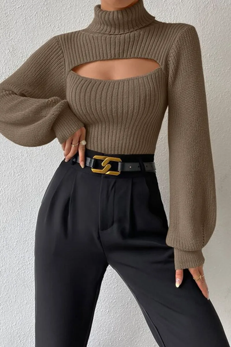 HWR1194 Cutout Mock Neck Sweater
