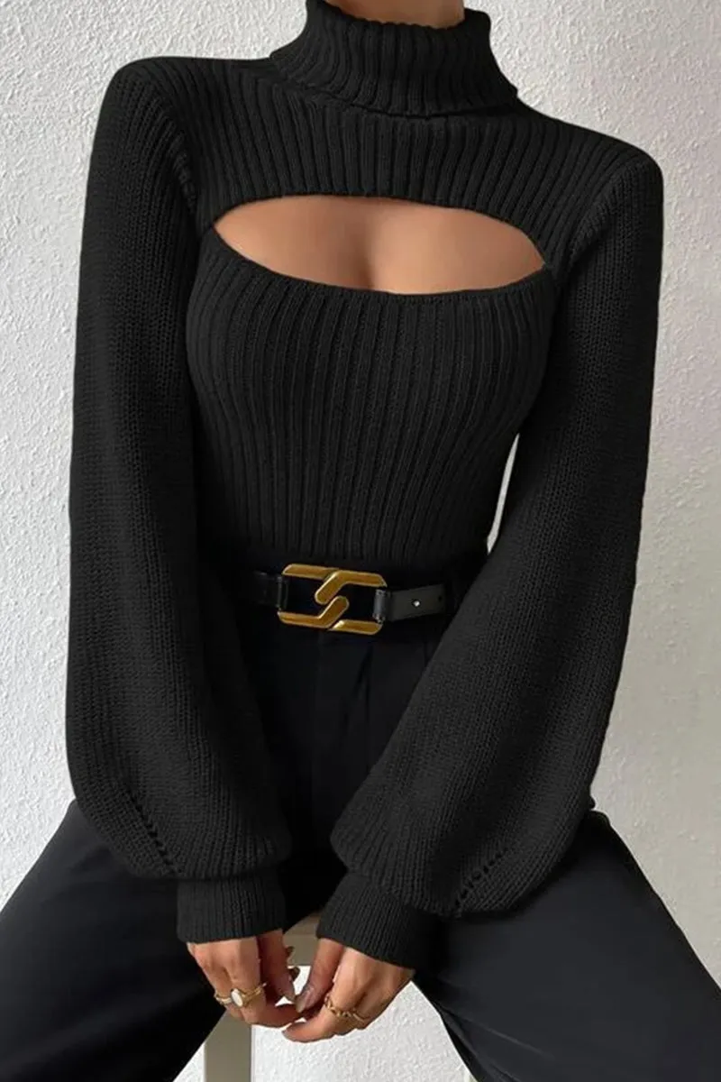 HWR1194 Cutout Mock Neck Sweater