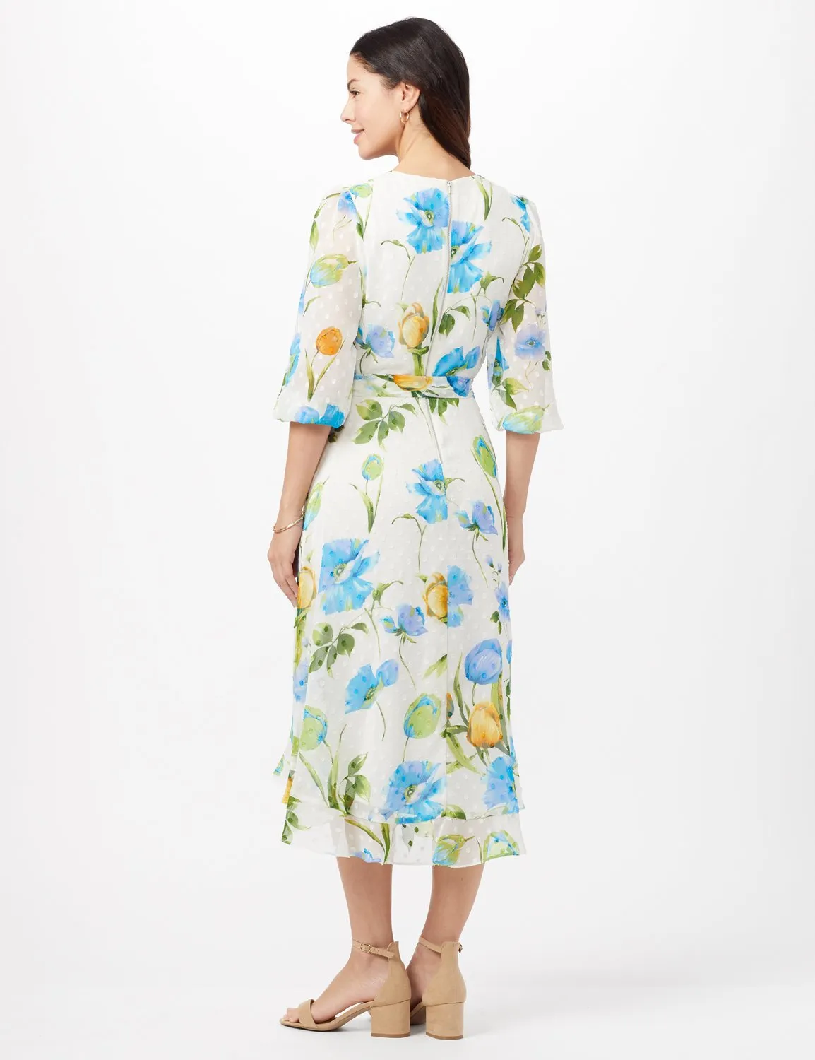 Jacquard Chiffon Wrap Ruffle Hem Dress