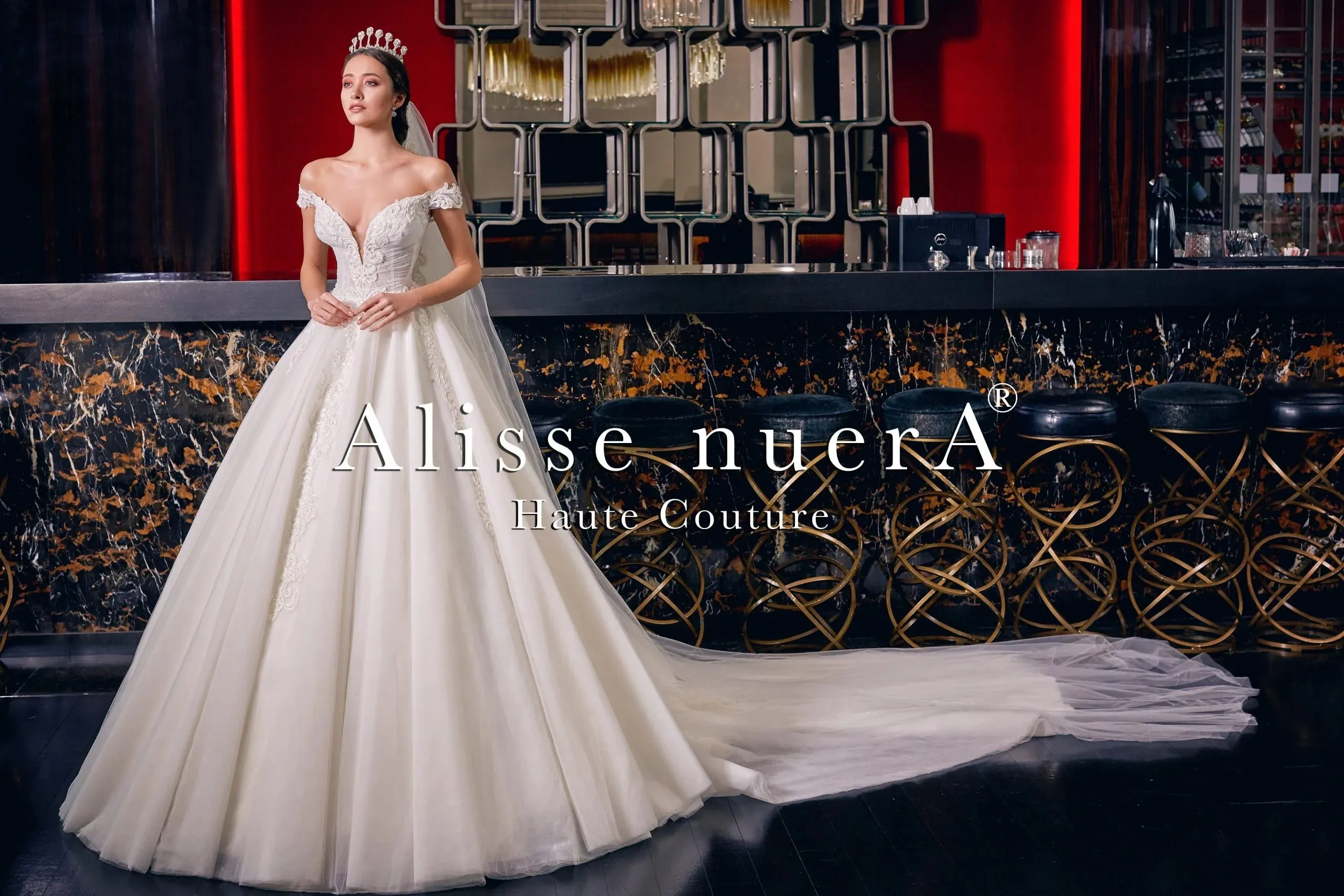 Lace Applique and Draped Tulle Romantic Bridal Dress with Deep V Decolletage