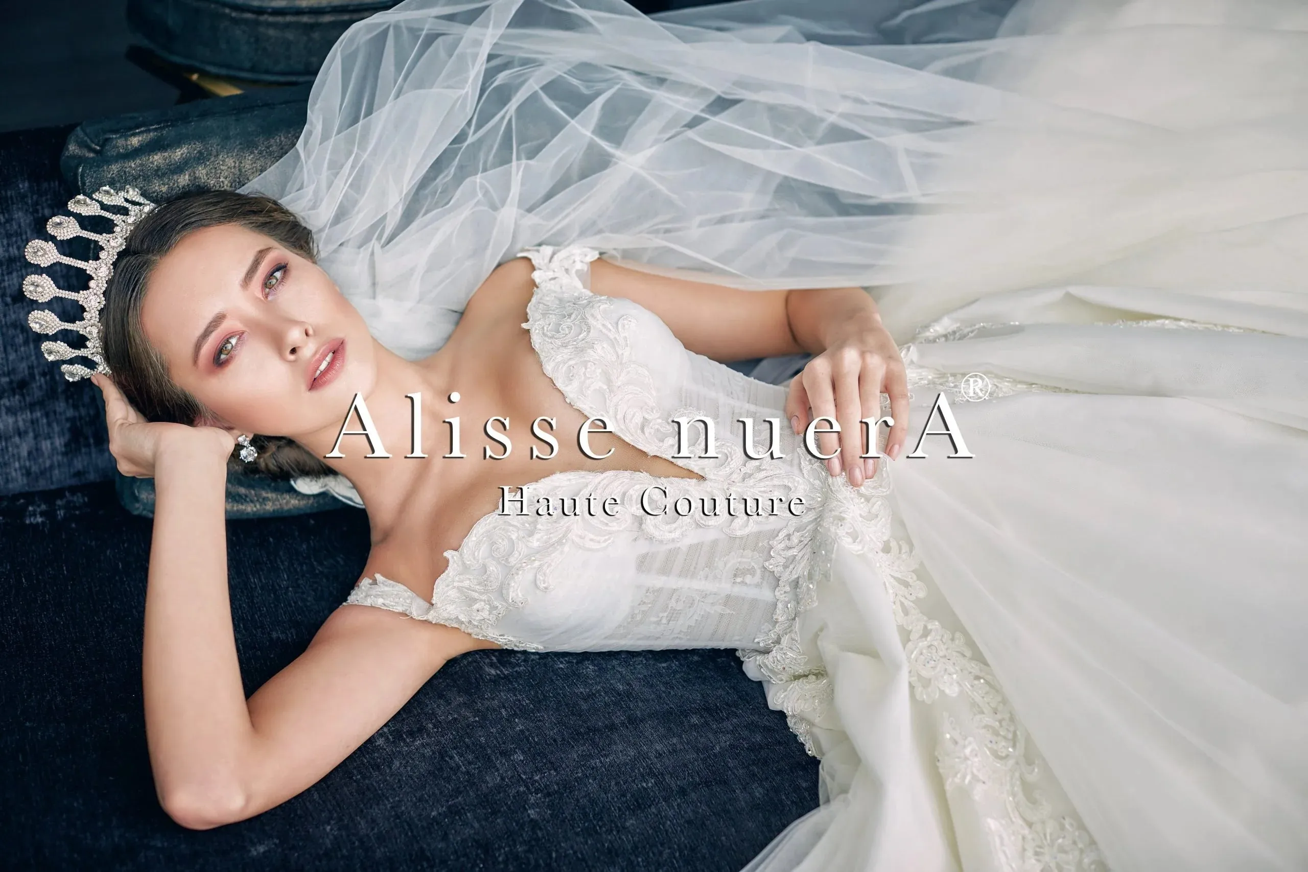 Lace Applique and Draped Tulle Romantic Bridal Dress with Deep V Decolletage