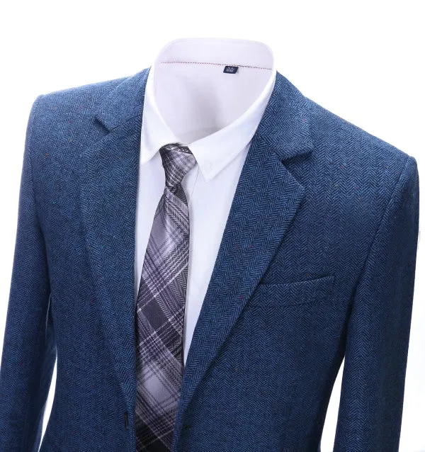 Men's Formal Royal Blue Herringbone Notch Lapel Blazer Business Tweed Jacket