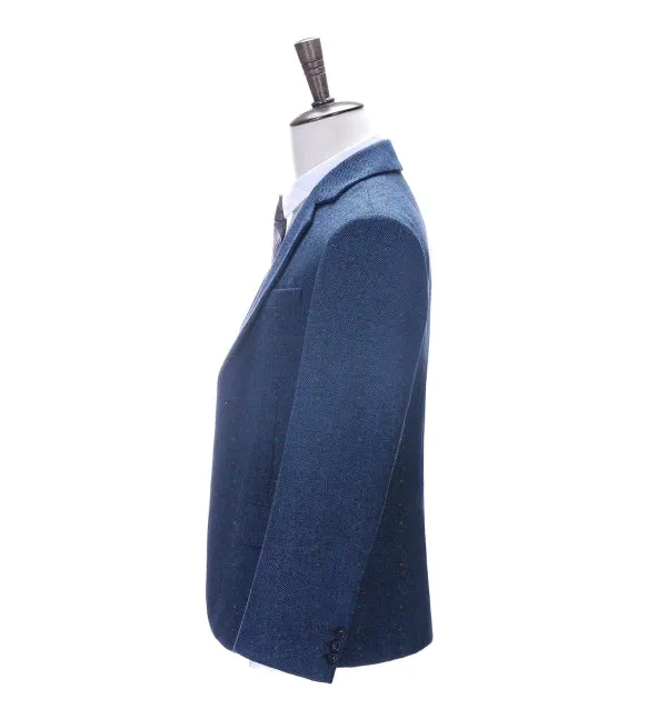Men's Formal Royal Blue Herringbone Notch Lapel Blazer Business Tweed Jacket