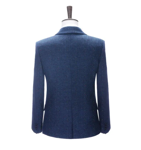 Men's Formal Royal Blue Herringbone Notch Lapel Blazer Business Tweed Jacket