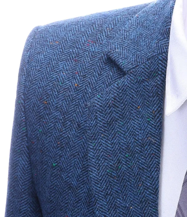 Men's Formal Royal Blue Herringbone Notch Lapel Blazer Business Tweed Jacket