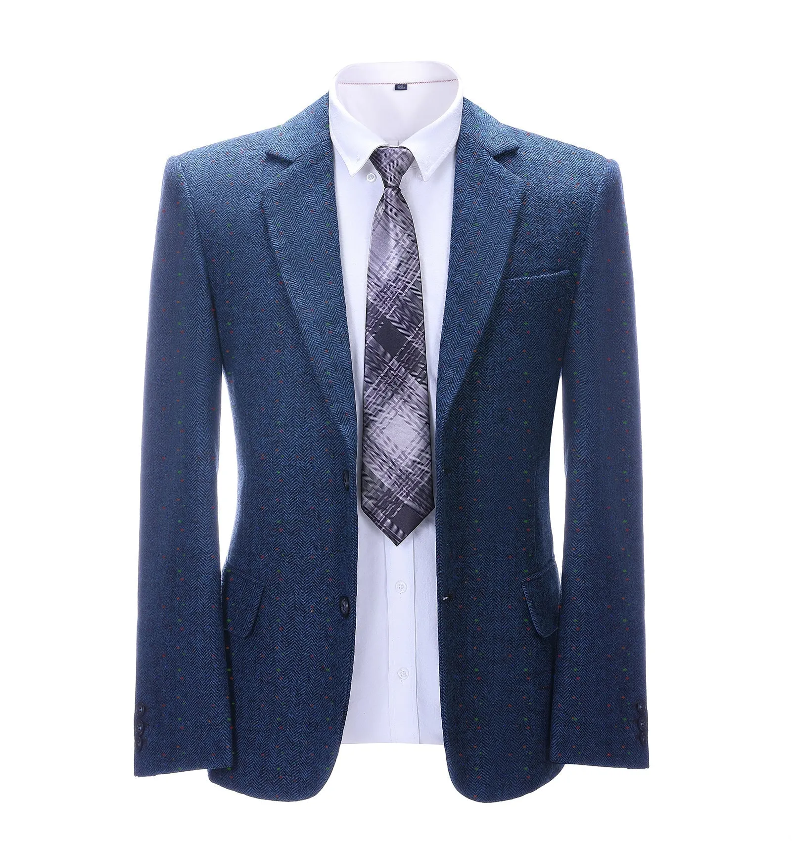 Men's Formal Royal Blue Herringbone Notch Lapel Blazer Business Tweed Jacket